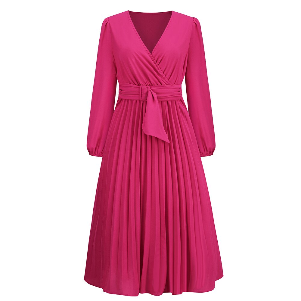 Office Lady V-Neck Solid Color Pleated Midi Dresses Fashion Commute Simplicity Lantern Sleeve A-Line Belt Dress Women&#39;s Clothing