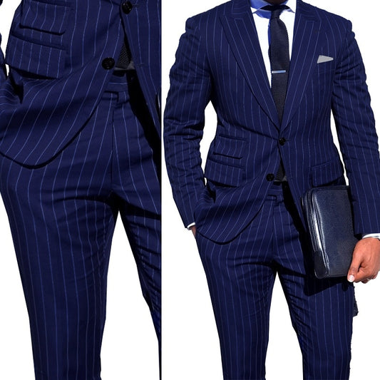 2PCS Navy Blue Stripe Men Suits Custom Men Business Suit with Ticket Pocket Tailored Made Single Breasted Peak Lapel Men Blazer