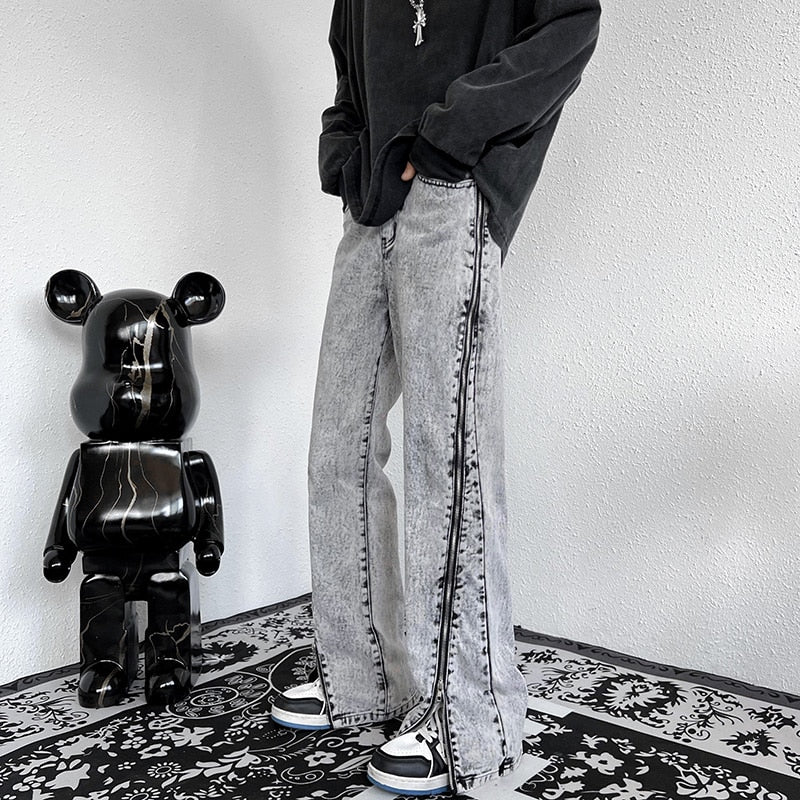 Fashion Zipper Trousers Blue Jeans Men 2022 Autumn New High Street Straight Denim Neutral Casual Jean Pants Male Vintage Gray