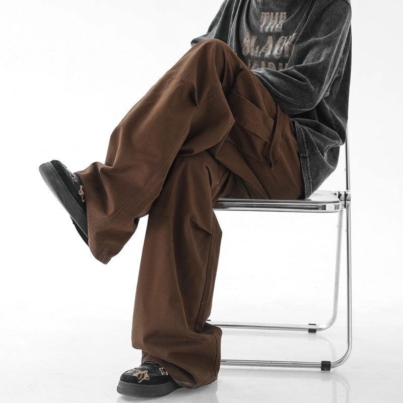 Japanese Retro Coffee Cargo Pants Men&#39;s Plicated Straight Tube Cityboy Pant Fashion Streetwear Vintage Mopping Trousers White