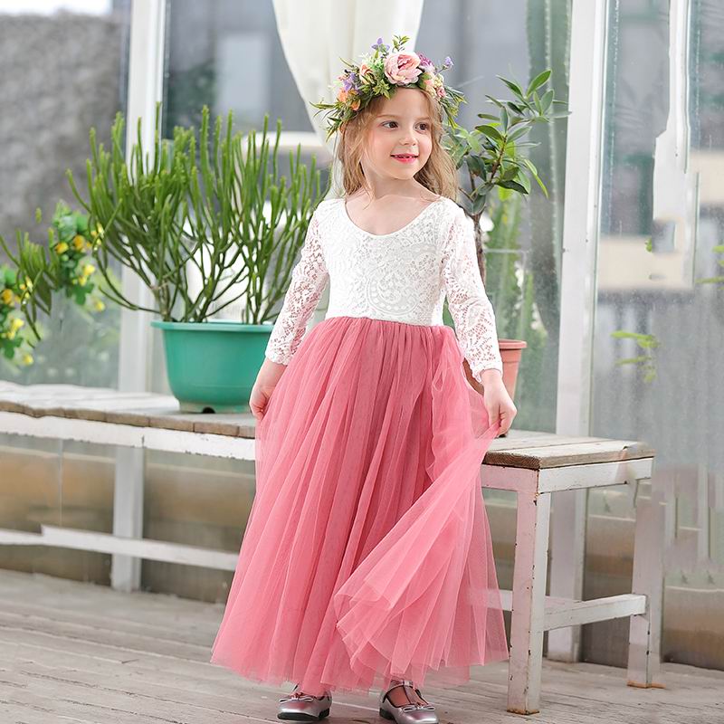 Princess Dress for Girls Ankle Length Wedding Party Dress Eyelash Back White Lace Beach Dress Children Clothing E15177