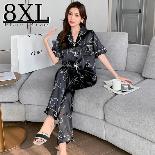 2-piece Set 8XL Oversized Satin Silk Sleepwear Pajamas for Women Summer Short Sleeves Trouser Suits Pijama Lingerie Nightwear