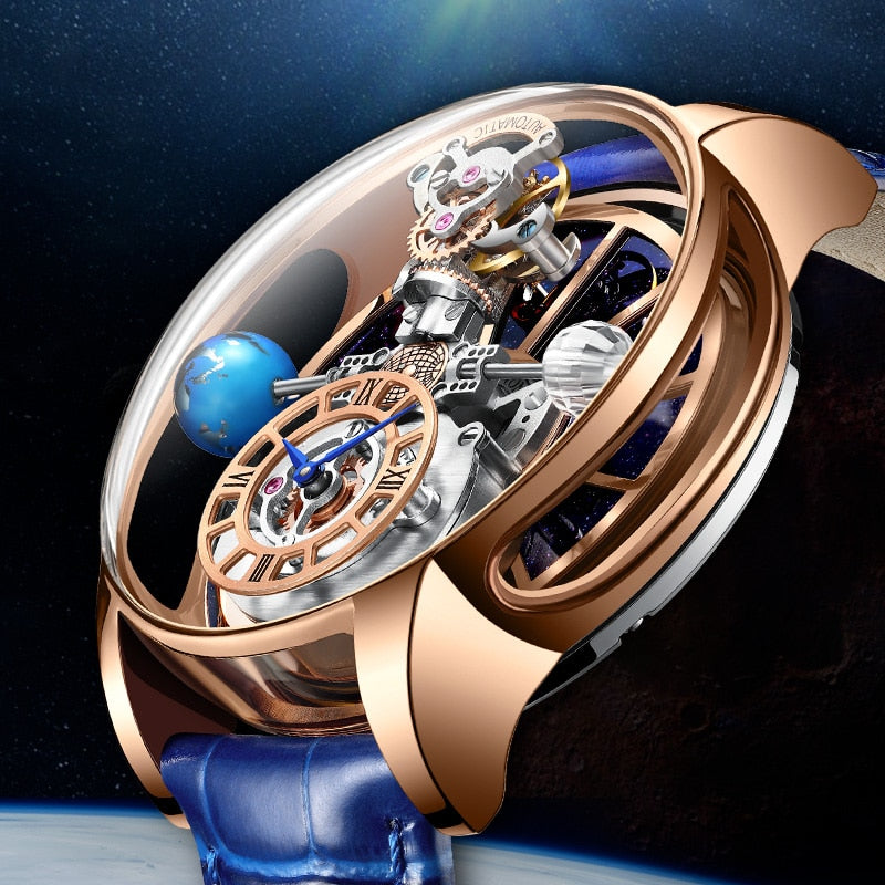 PINDU DESIGN 2023 Latest Fully Transparent Hollow Design Celestial Quartz Watch Men Waterproof Leather Man Wristwatch Relogio
