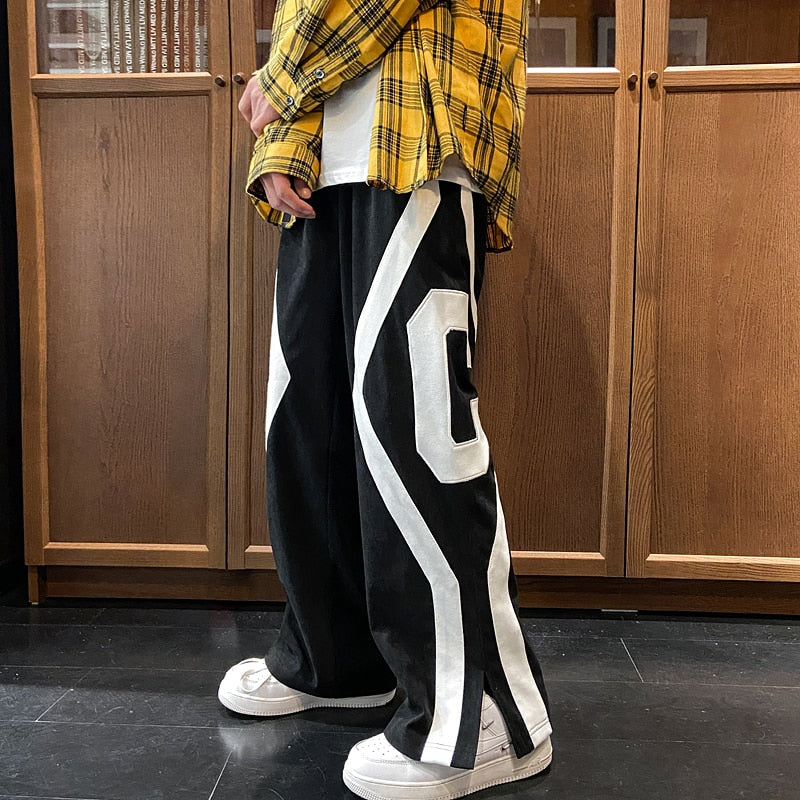 Men Spring Fashion Patchwork Sweatpants Casual Loose Staight Trousers Mens Elastic waist Sports Pants Male Trousers White/Green