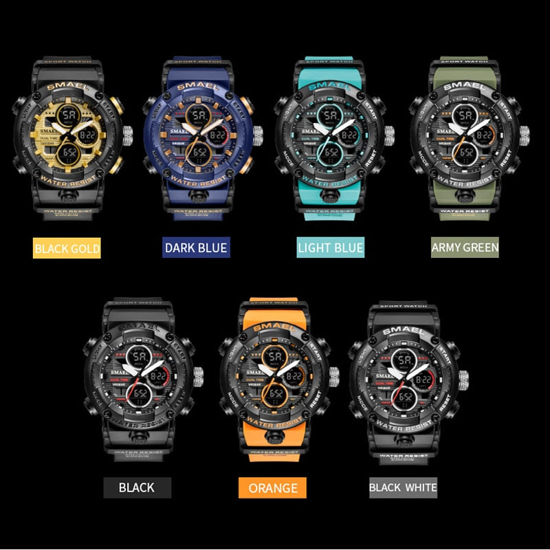 SMAEL Mens Watches Military 50m Waterproof Sport Stopwatch Alarm LED Digital Watch Men Big Dial Clock For Male Relogio Masculino