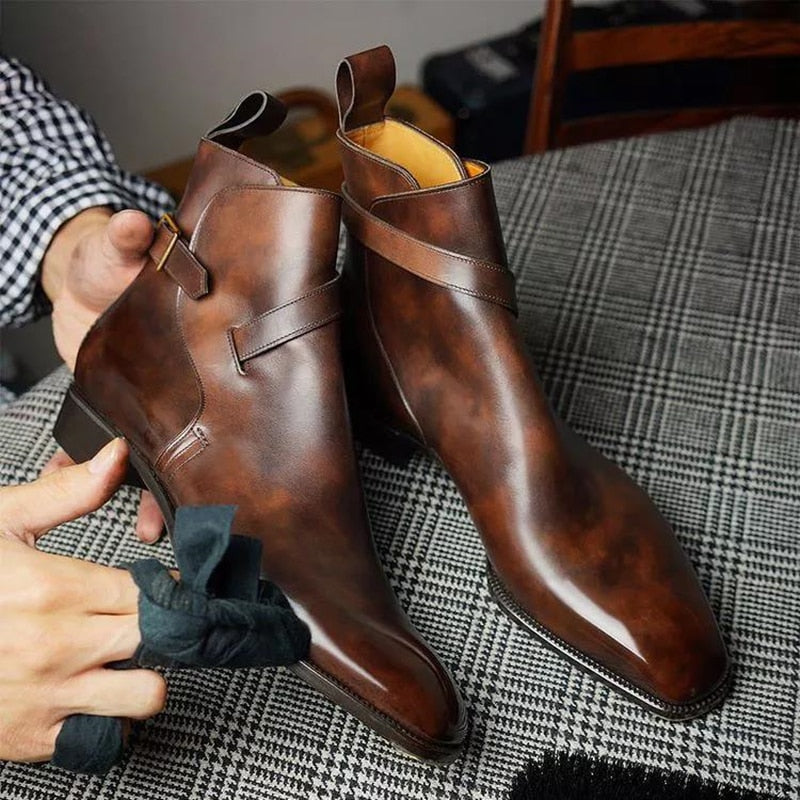 Men Boots Brown Black Business Buckle Strap Pu Leather Handmade Shoes for Men with Free Shipping  Botas Hombre