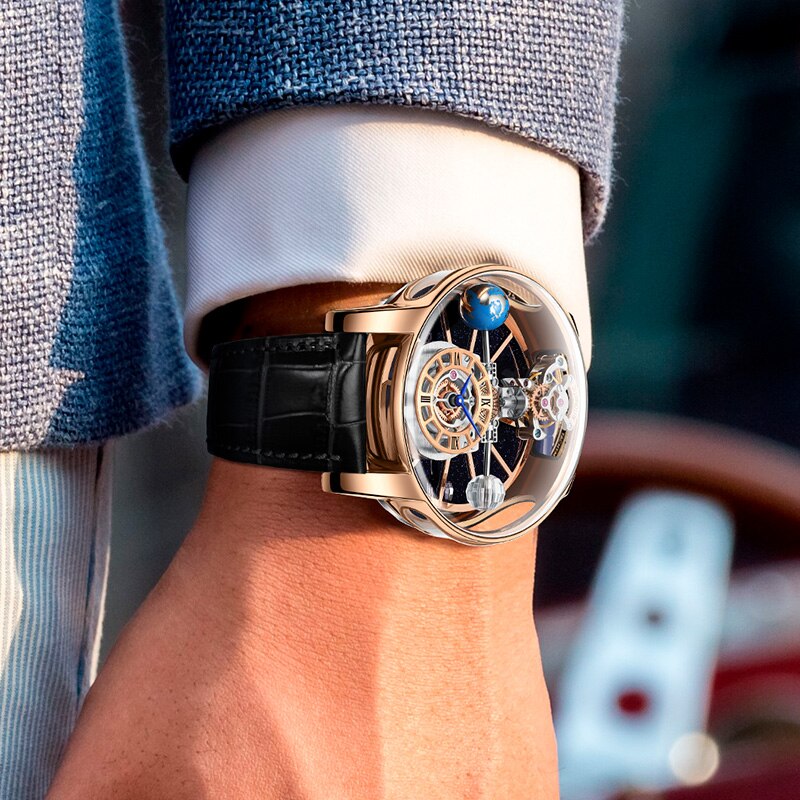 PINDU DESIGN 2023 Latest Fully Transparent Hollow Design Celestial Quartz Watch Men Waterproof Leather Man Wristwatch Relogio