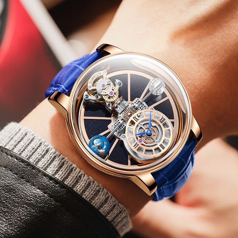 PINDU DESIGN 2023 Latest Fully Transparent Hollow Design Celestial Quartz Watch Men Waterproof Leather Man Wristwatch Relogio