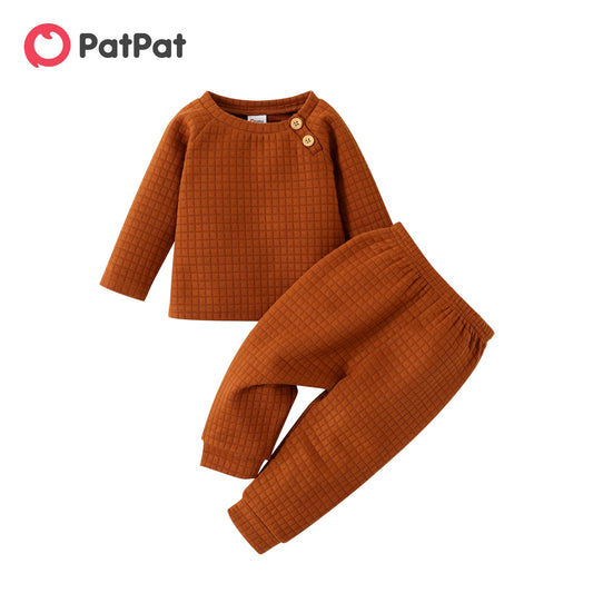 PatPat 2pcs Baby Boy/Girl Solid Textured Long-sleeve Top and Trousers Set