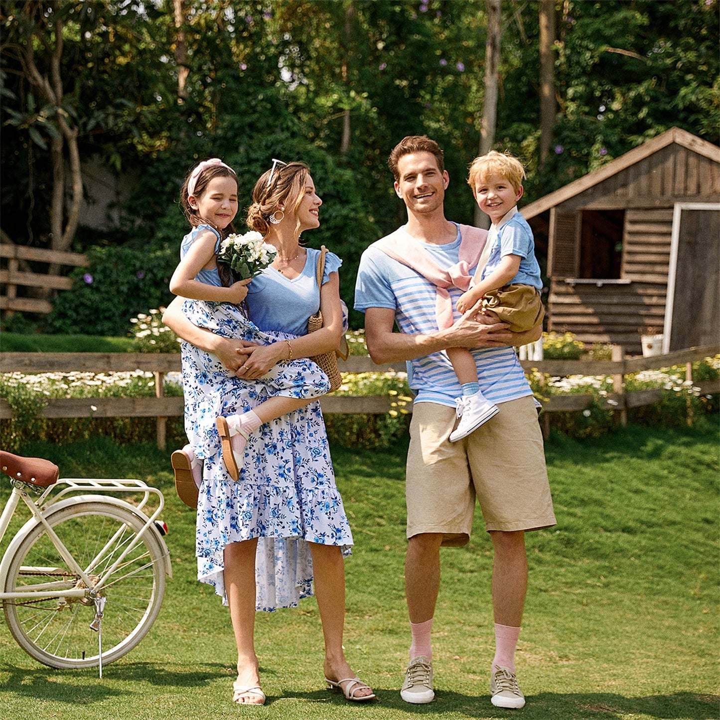 PatPat Family Matching Light Blue V Neck Flutter-sleeve Splicing Floral Print Irregular Hem Dresses and Striped T-shirts Sets