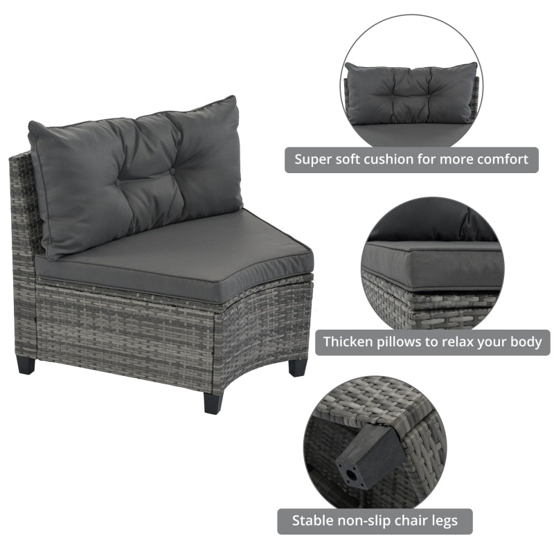 8-pieces Outdoor Wicker Round Sofa Set, Half-Moon Sectional Sets All Weather, Curved Sofa Set With Rectangular Coffee Table