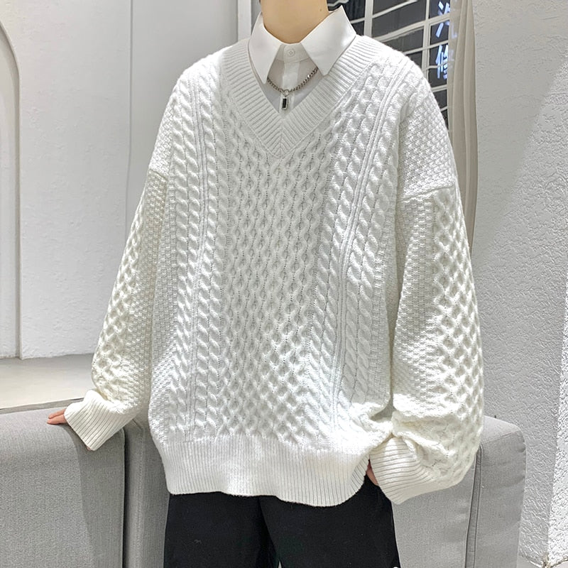 High Quality Autumn Winter Twist Knitted Sweater Men Clothing Simple V-neck Casual Daily Pullovers Loose Homme Streetwear