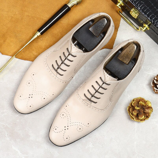 2022 Men Wedding Shoes Luxury Designer Genuine Leather Handmade Classic Khaki White Brogues Shoes for Groom Quality Footwear