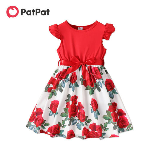 PatPat Kid Girl Floral Print Splice Belted Flutter-sleeve Dress
