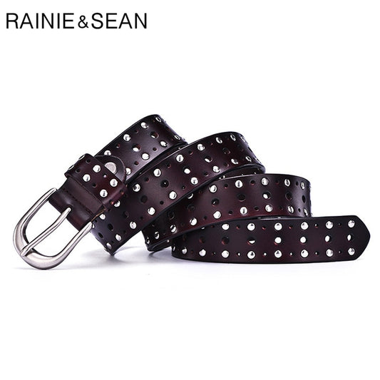 RAINIE SEAN Waist Belts Women Rivet Punk Cowskin Genuine Leather Women Belt Buckle Belts for Women Trousers Ladies Accessories