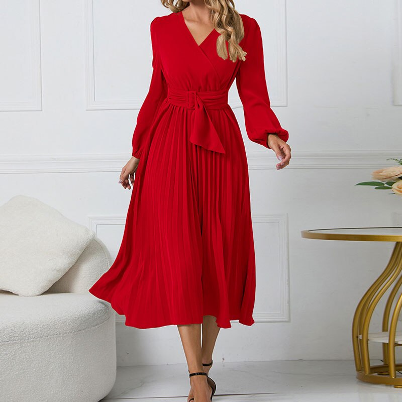Office Lady V-Neck Solid Color Pleated Midi Dresses Fashion Commute Simplicity Lantern Sleeve A-Line Belt Dress Women&#39;s Clothing