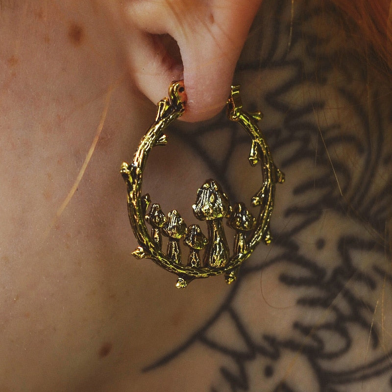 Ancient gold Color Tree Branch Hoop Earrings Carved Ancient Metal Mushroom Tribal Drop Dangle Earrings for Women Jewelry