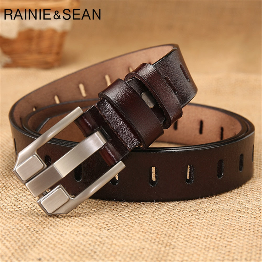 RAINIE SEAN Red Women Belt Pin Buckle Real Leather Belts for Jeans Genuine Leather Cowskin High Quality Solid Ladies Belt 110cm