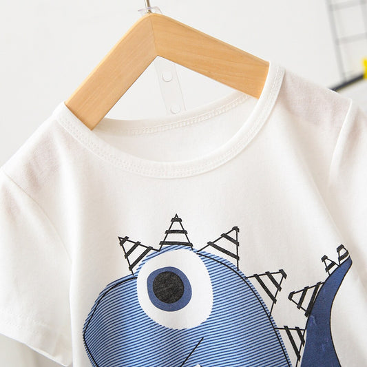 PatPat 2pcs Baby Boy Cartoon Dinosaur Print Short-sleeve T-shirt and Pinstriped Shorts Set