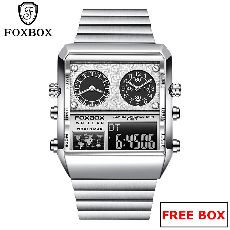 FOXBOX Luxury Gold Watches For Men Casual Sports Chronograph Quartz WristWatch Waterproof Watches Digital Clock New reloj hombre