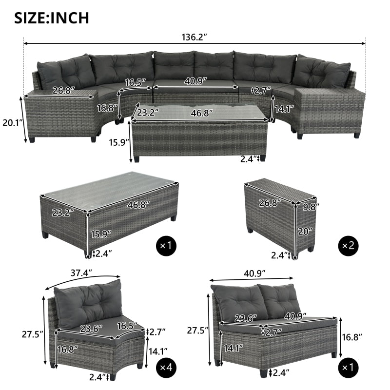 8-pieces Outdoor Wicker Round Sofa Set, Half-Moon Sectional Sets All Weather, Curved Sofa Set With Rectangular Coffee Table