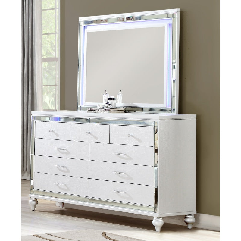 Royal Bedroom Furniture 4 PCS Bedroom Set Include Luxury King Bed Frame Nightstand Dresser White Mirrored Glamorous Furniture