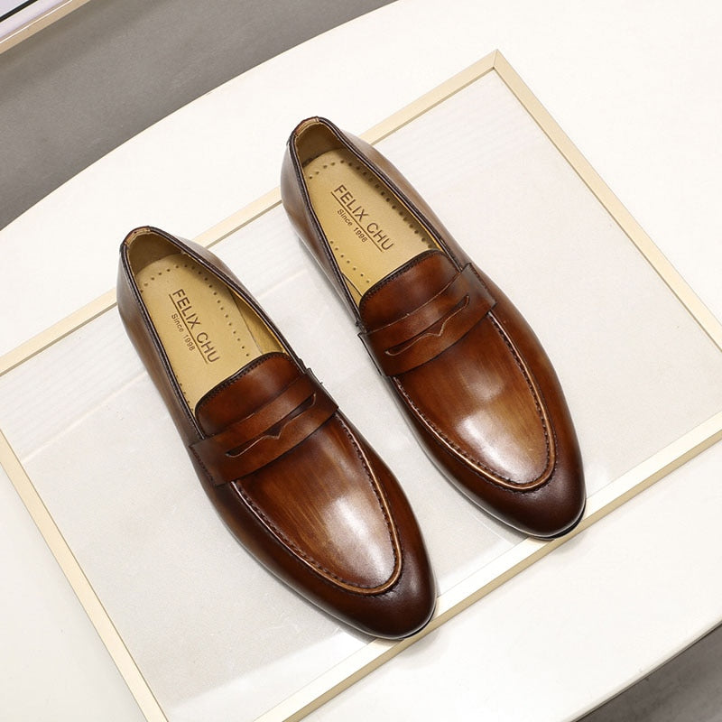 FELIX CHU Mens Penny Loafers Leather Shoes Genuine Leather Elegant Wedding Party Casual Dress Shoes Brown Black Shoes for Men