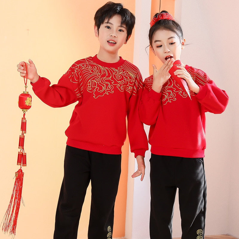 2022 Autumn Winter 2-14 Years Children Brother Sister Family Matching Outfits Thicken Chinese Sweatshirt+Pants Set For Boy Girl