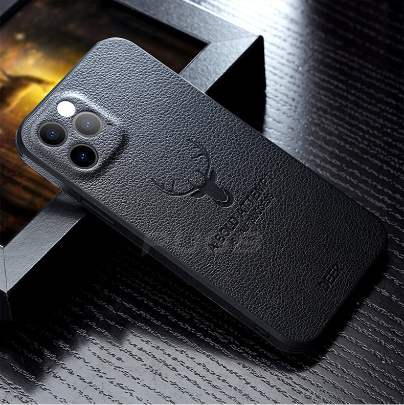 Luxury Leather Texture Square Frame Case For iPhone 11 12 13 14 Pro Max Mini X XR XS Deer Lens Protection Shockproof Hard Cover