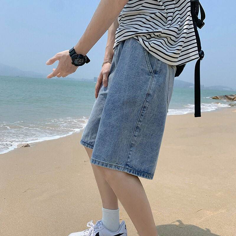 Men&#39;s Summer Denim Shorts Korean Elastic Waist Lace-up Straight Leg Pants Student Loose Casual Pants Cotton Pants