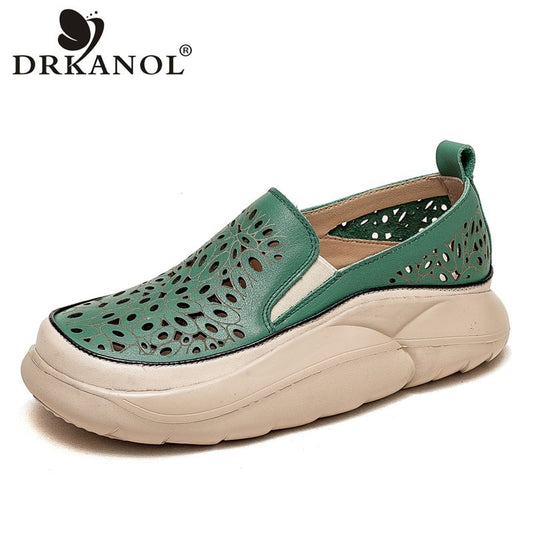 DRKANOL New Women Flat Platform Shoes Summer Hollow Slip-On Shallow Casual Sneakers Women Genuine Leather Lazy Shoes H97-11J
