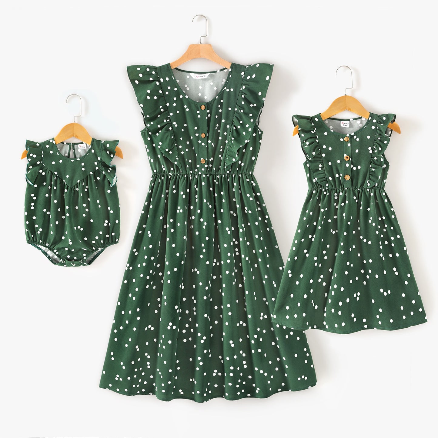 PatPat  Family Matching Outfits Dresses Matching All over Polka Dots Dark Green Ruffle Trim Tank Dress for Mom and Me