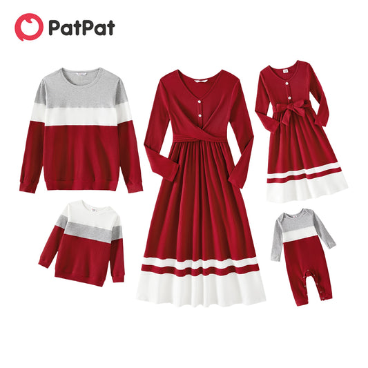 PatPat Family Matching Burgundy Ribbed Crisscross Pleated Midi Dresses and Long-sleeve Colorblock Tops Sets