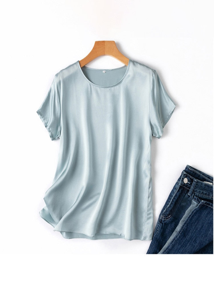 SuyaDream Woman Silk Tee 100%Real Silk Short Sleeved Plain O Neck T Shirt 2022 New Summer Top