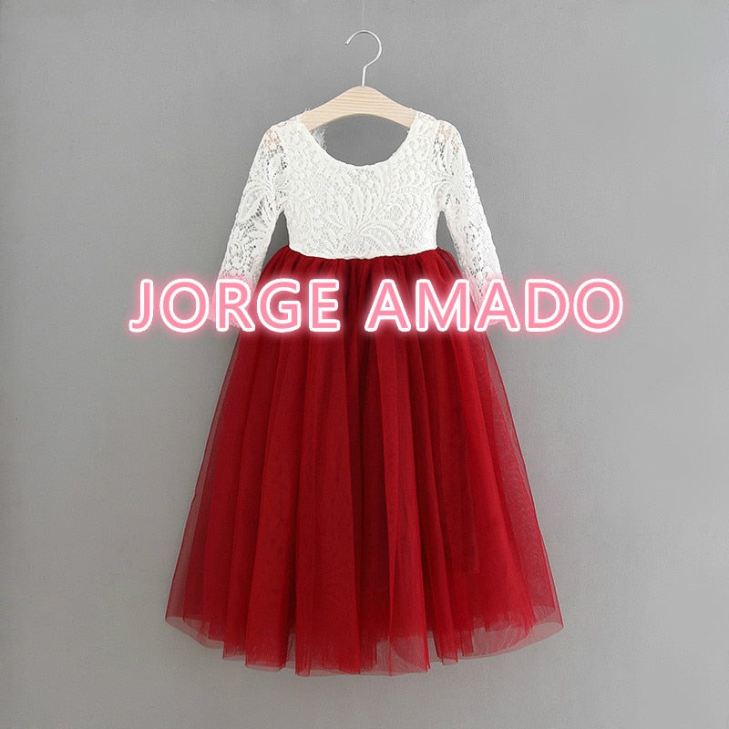 Princess Dress for Girls Ankle Length Wedding Party Dress Eyelash Back White Lace Beach Dress Children Clothing E15177