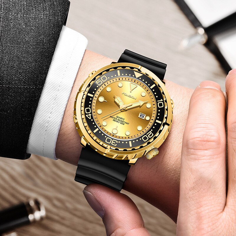 FOXBOX New Gold Fashion Watches Men Sports Silicone Watch Men  50M Waterproof Watches Golden Wristwatches Male Relogio Masculino
