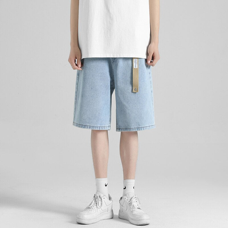 2023 Summer Men&#39;s Loose Denim Shorts Fashion Belt Street Boy Casual Baggy Five-point Pants All-match Casual Shorts