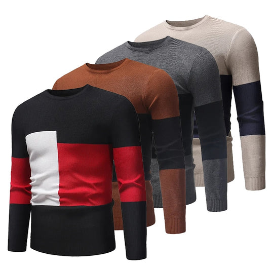 Mens Knitted Pullovers Contrast Color Stitching Slim Round Neck Sweater Fashion Casual Base Kintwear Male Clothing Autumn/Winter