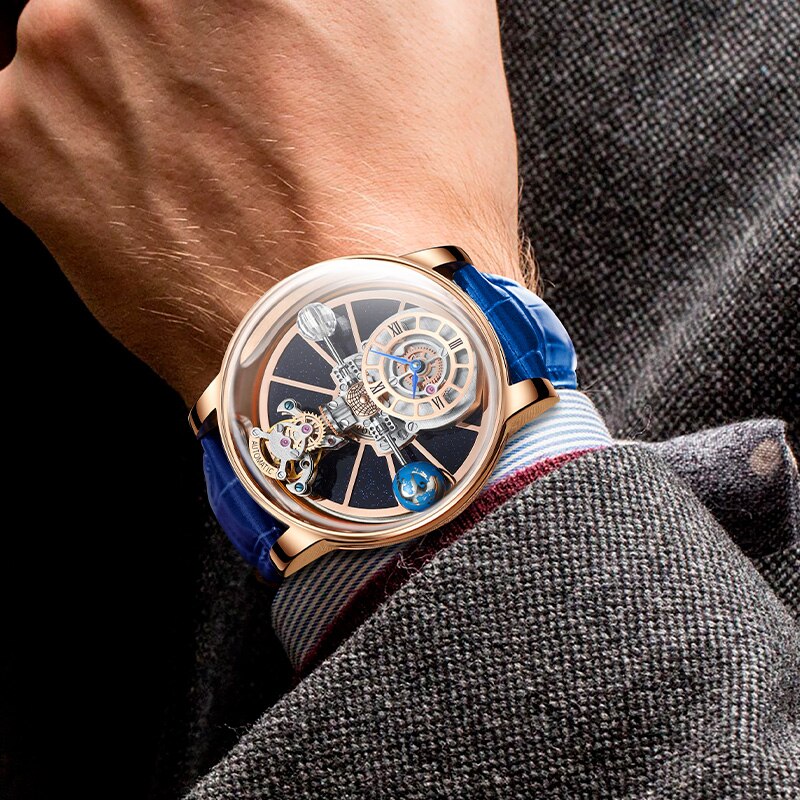 PINDU DESIGN 2023 Latest Fully Transparent Hollow Design Celestial Quartz Watch Men Waterproof Leather Man Wristwatch Relogio
