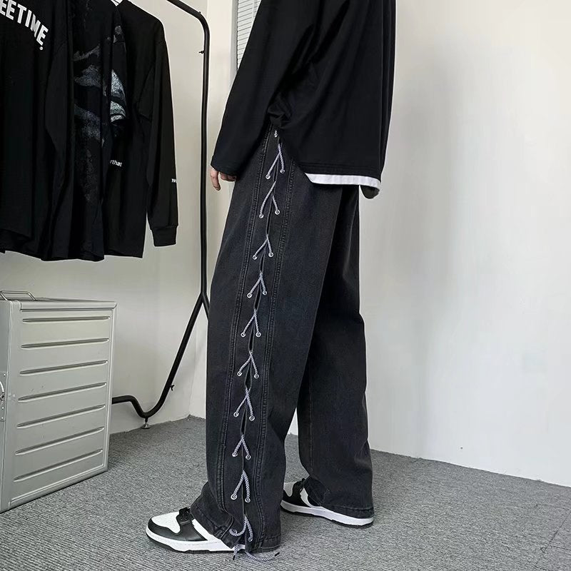 New Drawstring Knitted Jean Pants Men Straight Loose Hip Hop Pants Fashion Patckwork Casual Streetwear Jeans Male Trousers