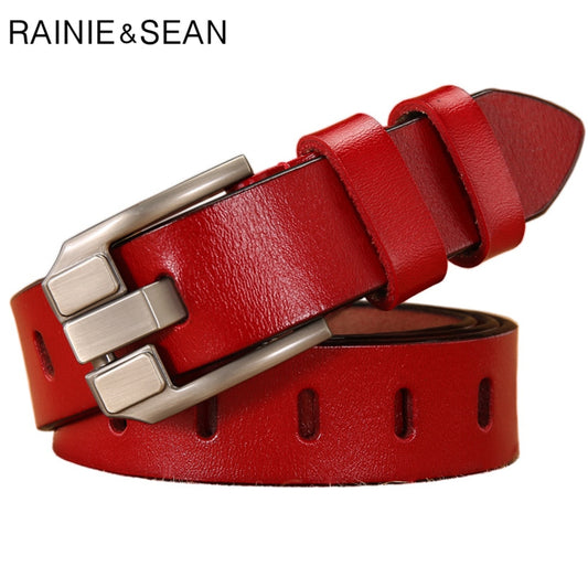 RAINIE SEAN Red Women Belt Pin Buckle Real Leather Belts for Jeans Genuine Leather Cowskin High Quality Solid Ladies Belt 110cm