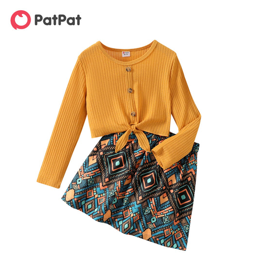 PatPat 2pcs Kid Girl Button Design Tie Knot Long-sleeve Tee and Exotic Allover Print Skirt Set