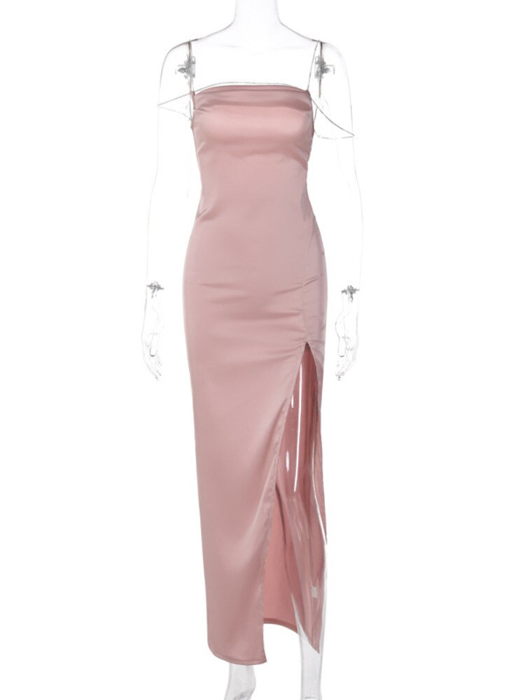 JULISSA MO Sexy Sparkling Spaghetti Strap Side Split Maxi Dress For Women Elegant Satin Backless Party Club Evening Dress