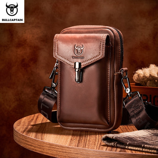 BULLCAPTAIN Crazy Horse Leather Men's Waist Bags Multifunctional 7-inch Mobile Phone Bag Bag Male Shoulder Messenger Bages Brown