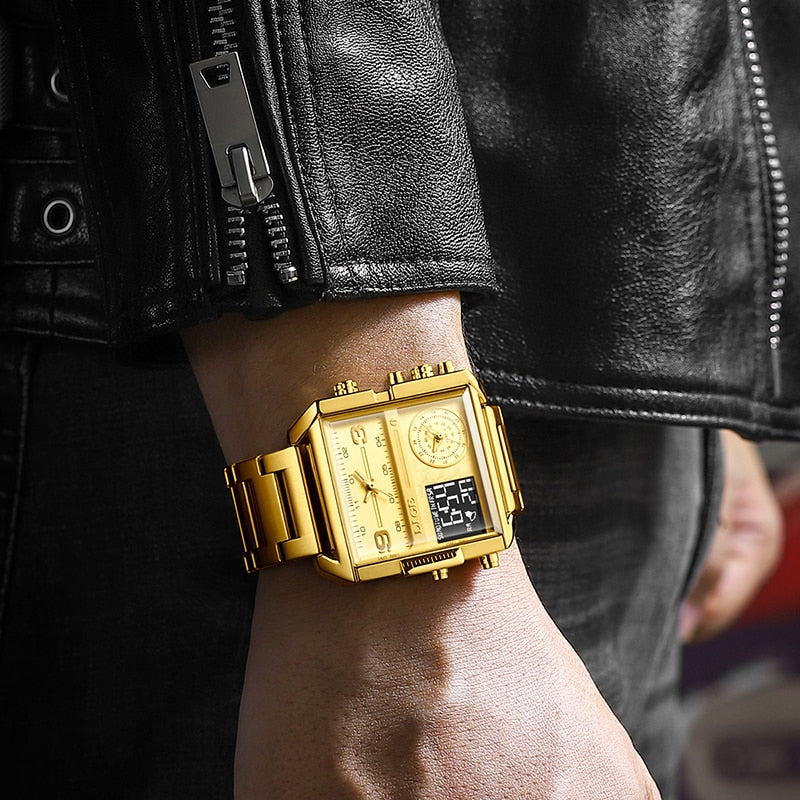 LIGE New Top Brand Luxury Fashion Men Watches Gold Steel Sport Square Digital Analog Big Quartz Watch for Man relogio masculino
