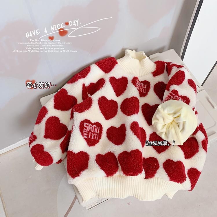 2022 Winter Girls Cute Heart Thick Warm Fleece Sweatshirts Baby Kids Children Pullover Top Outerwear