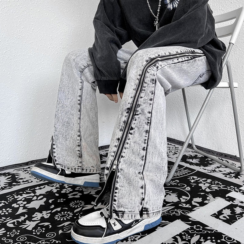 Fashion Zipper Trousers Blue Jeans Men 2022 Autumn New High Street Straight Denim Neutral Casual Jean Pants Male Vintage Gray