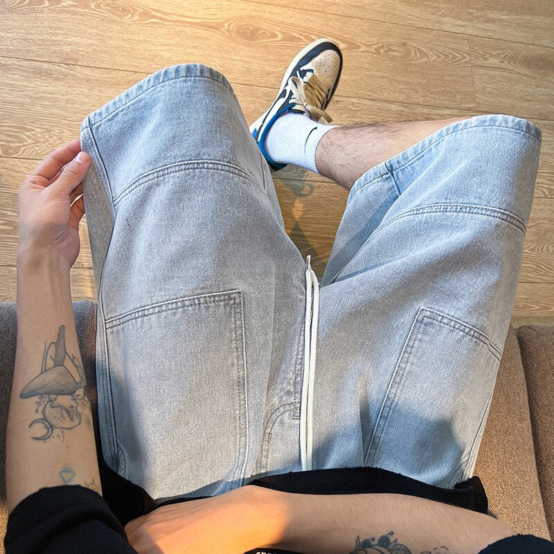 2023 Summer New High Street Casual Versatile Denim Capris Elastic Waist Men&#39;s Korean Style Loose Wide Leg Large Pocket Shorts