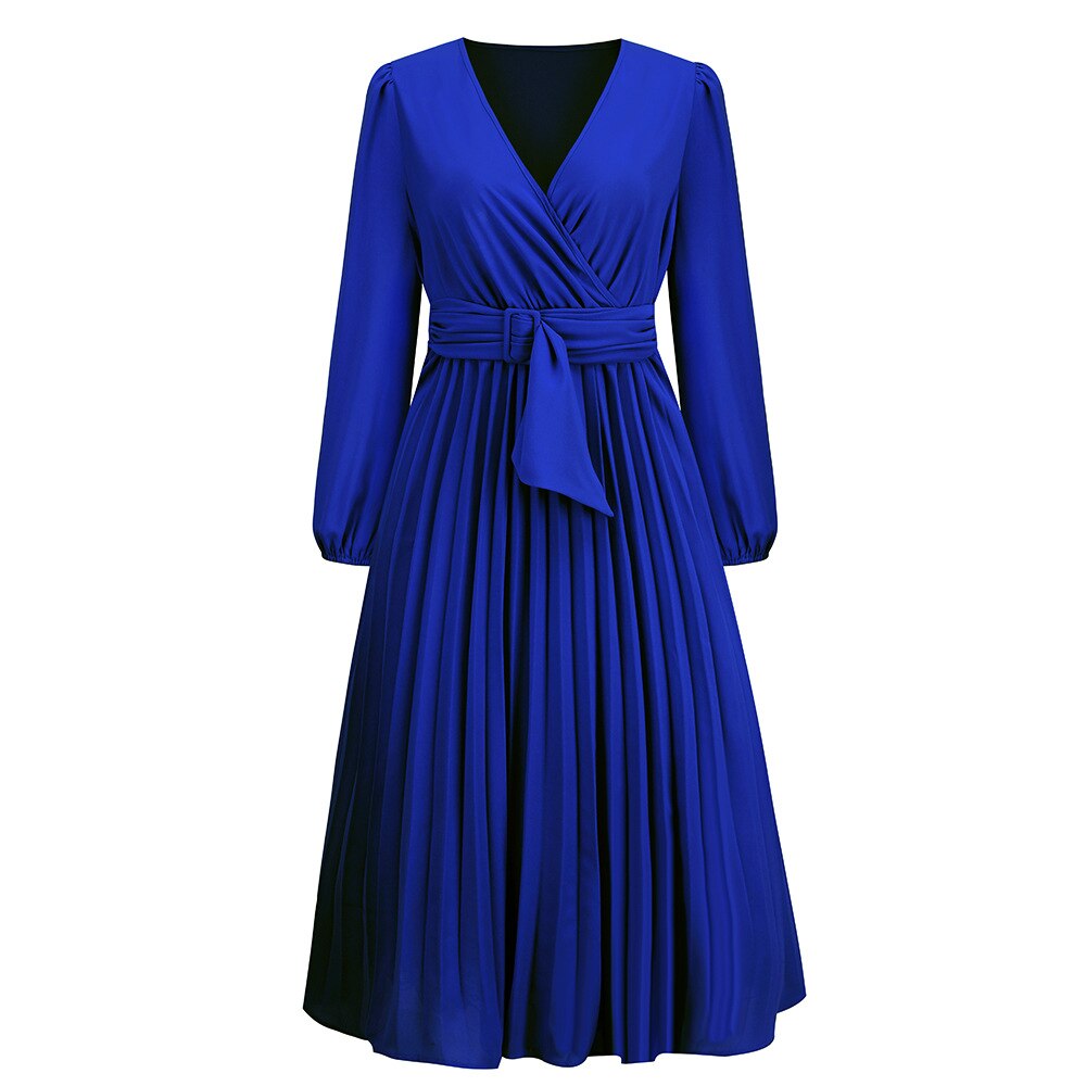 Office Lady V-Neck Solid Color Pleated Midi Dresses Fashion Commute Simplicity Lantern Sleeve A-Line Belt Dress Women&#39;s Clothing