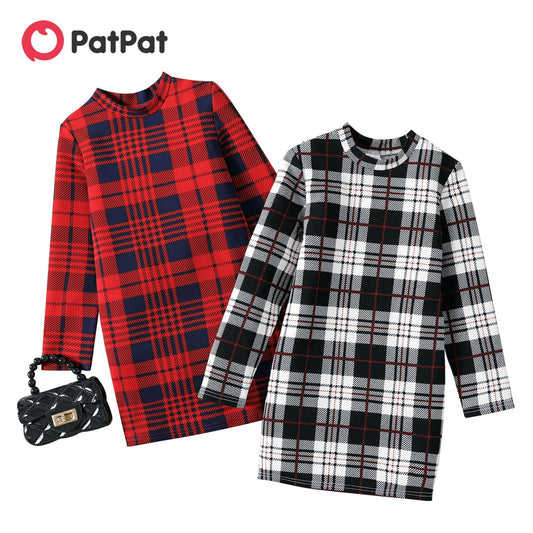 PatPat Christmas Dresses Kid Girl Christmas Plaid Stand Collar Long-sleeve Dress